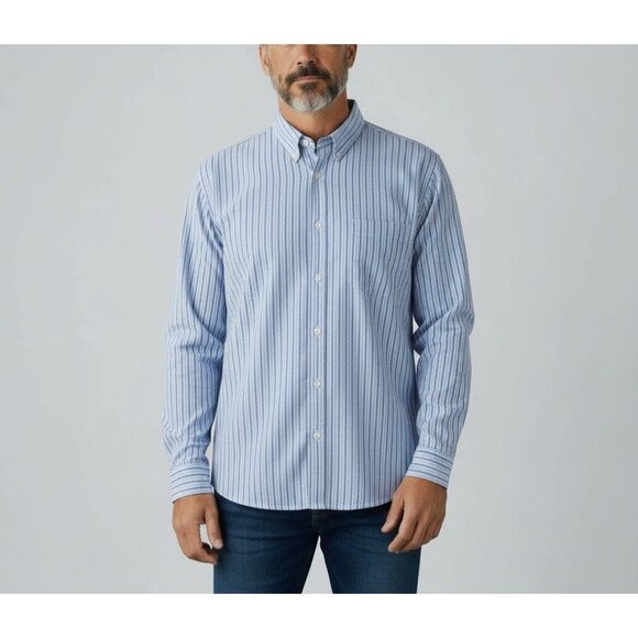 Banana Republic Mens Non-Iron Classic Fit Dress Shirt 17-17.5 Blue White Stripe - Picture 1 of 11